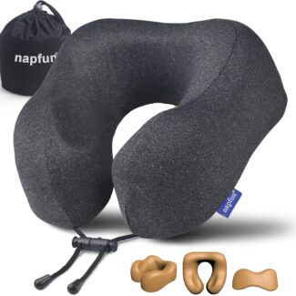 napfun Neck Pillow for Traveling, Upgraded Travel Neck Pillow for Airplane 100% Pure Memory Foam Travel Pillow for Flight Headrest Sleep, Portable Plane Accessories, Full Black